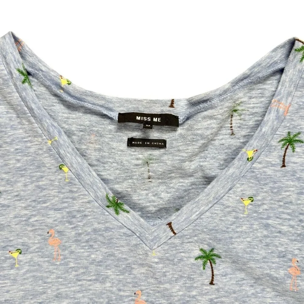 Miss Me Tropical Palm Flamingo Lace-Up Back Tee Gray Blue Medium - Picture 3 of 9